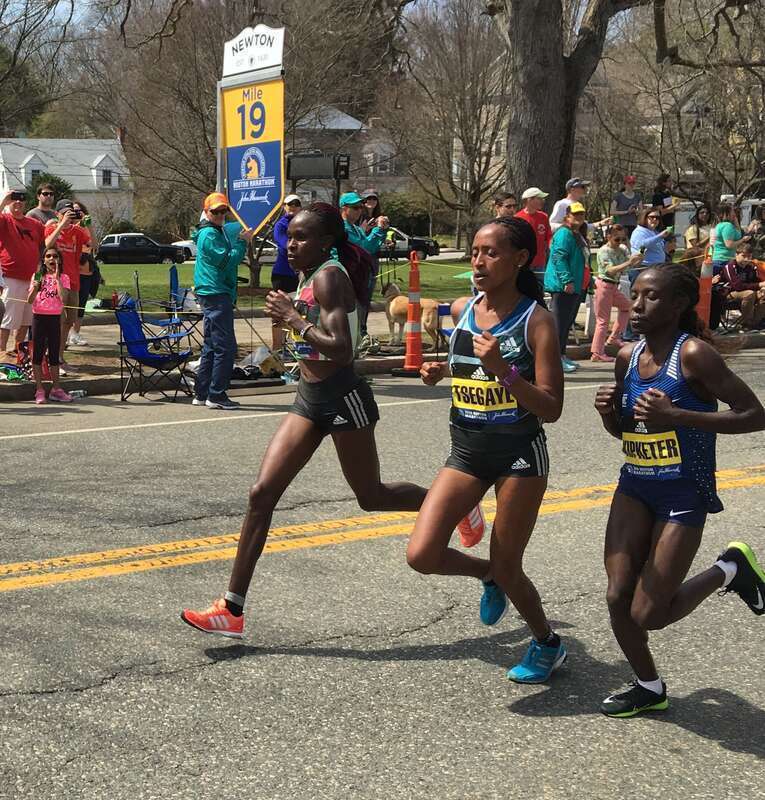 Three women, Joyce Chepkirui, of Kenya. and Tirfi Tsegaye, of Ethiopia, and Valentine Kipketer, also of Kenya, lead the pack passing mile 19 in w:Newton,Massachusetts during the w:2016 Boston Marathon. Tsegaye went on to win second place in the elite
