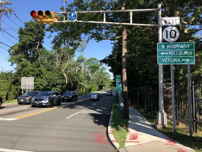 View west along New Jersey State Route 10 (Mount Pleasant Avenue) at Essex County Route 577 and Essex County Route 577 Spur (Prospect Avenue) in West Orange Township, Essex County, New Jersey