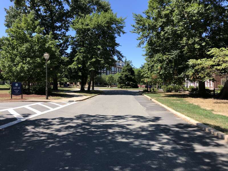 View northwest along D Street at E Street on the campus of the College of New Jersey in Ewing Township, Mercer County, New Jersey