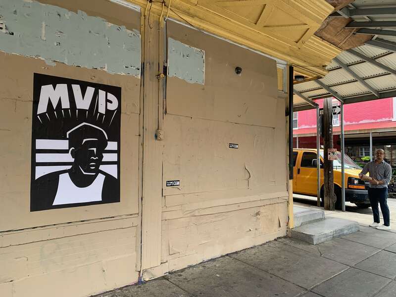 Joe Boruchow's Joel Embiid "MVP" poster on S 9th Street by Montrose in the Italian Market on April 16, 2023
