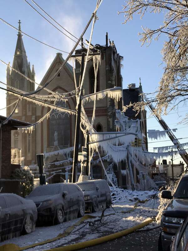 Looking west on 14th Street from near the corner of Central Avenue in Union City, New Jersey, in the late afternoon of March 4, 2017. Pictured is the remains of SS. Joseph and Michael Parish Church, to which a fire that started around 1am EST at 1404