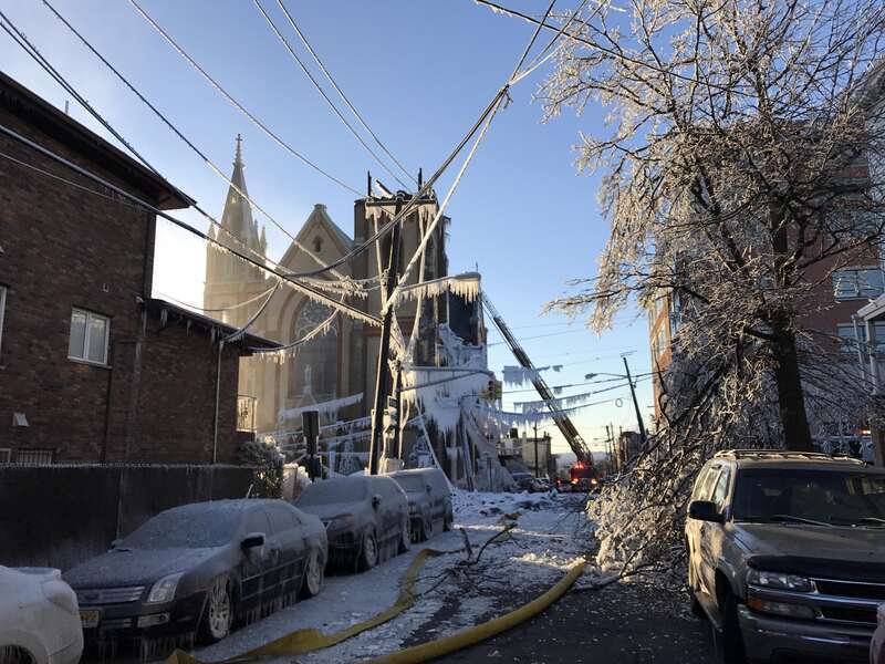 Looking west on 14th Street from near the corner of Central Avenue in Union City, New Jersey, in the late afternoon of March 4, 2017. Pictured is the remains of SS. Joseph and Michael Parish Church, to which a fire that started around 1am EST at 1404