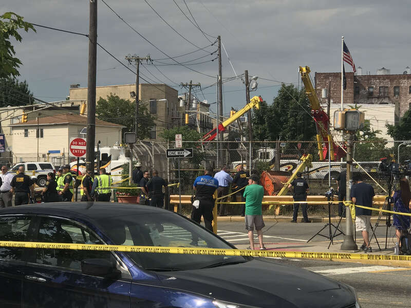 Scene of a July 3, 2019 vehicular accident at 30th Street and Palisade Avenue in Union City, New Jersey, where just before 1pm EST, a Union City Department of Public Works garbage truck careened across two sidewalks, knocking down a utility pole and