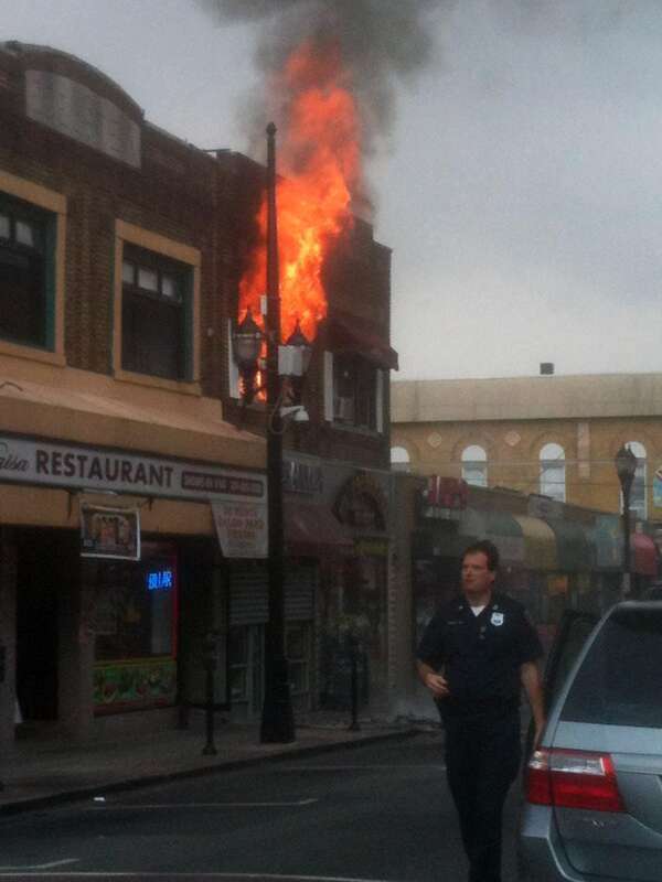 A fire at 4114 Bergenline Avenue in Union City, New Jersey on August 15, 2012. The fire started a short time before 12:45pm, when police officers first arrived on the scene, which was when I was passing by in a commuter van, and first saw what was