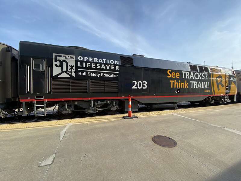 AMTK 203 parked at Kansas City on the Southwest Chief to Chicago. It is wrapped in the "Operation Lifesaver" vinyl wrap.