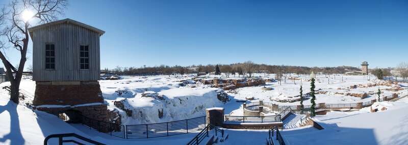 A late afternoon view of the frozen waterfalls on the Big Sioux River at Falls Park, South Dakota in February 2014