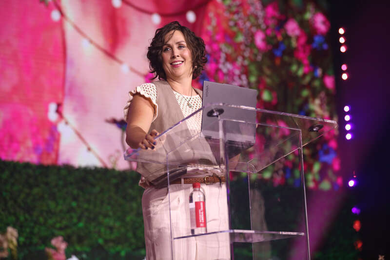 Abbie Halberstadt speaking with attendees at the 2024 Young Women's Leadership Summit at the San Antonio Marriott Rivercenter on the River Walk in San Antonio, Texas.