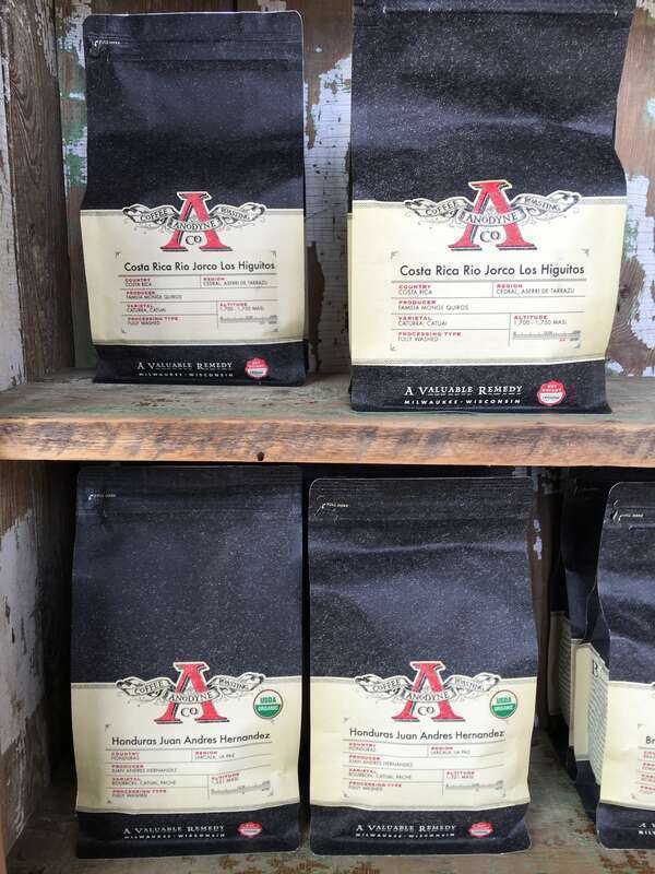 A display of fresh roasted coffee beans from Anodyne Coffee inside Kavarna Cafe on Broadway St. in downtown Green Bay, WI.