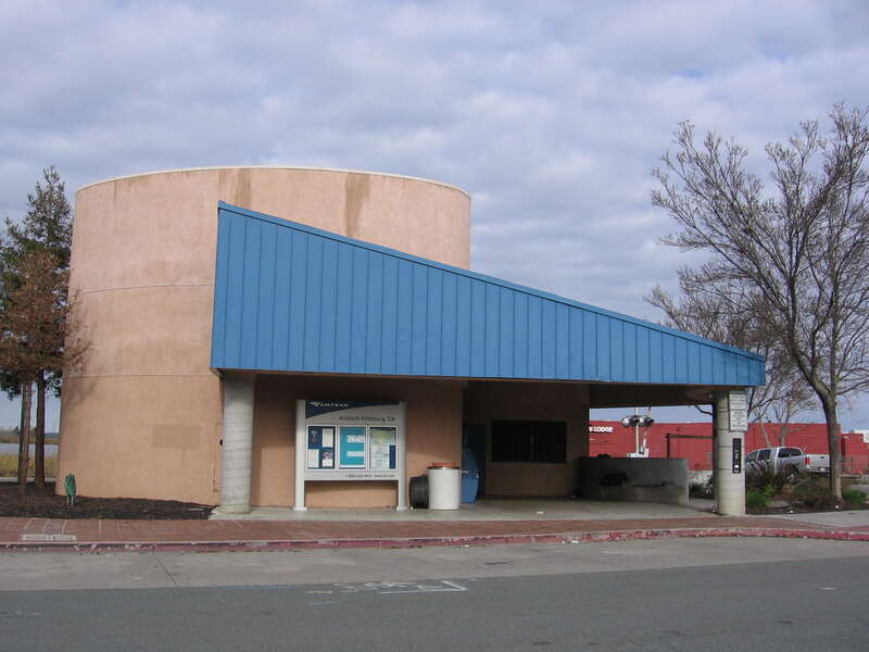 The Antioch-Pittsburg (Amtrak station) in Antioch, California, USA.  View is looking north across 1st Street.