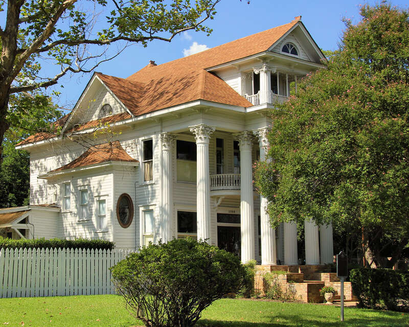 The Augusta Hofheinz House in San Marcos, Texas, United States. Mead &amp; Eastwood Lumber Co. constructed this house in 1908 for Augusta Hofheinz, widow of Daniel Hofheinz. The house was listed on the National Register of Historic Places on August