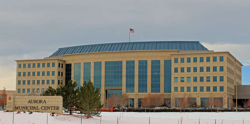 The Aurora Municipal Center (city hall), located at 15151 East Alameda Parkway in Aurora, Colorado.