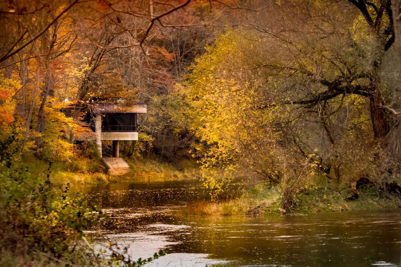 the chippewa nature center visitor center's overlook of the pine river in late october.  an overcast day with the remaining leaves falling fast.