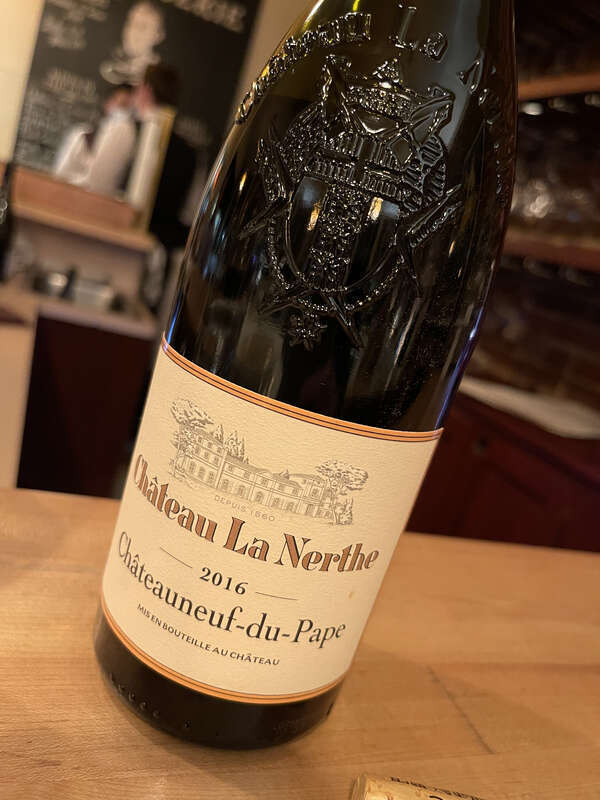 A bottle of Chateau La Nerthe Chateauneuf-du-Pape 2016 at BL Brasserie in Paso Robles, California.