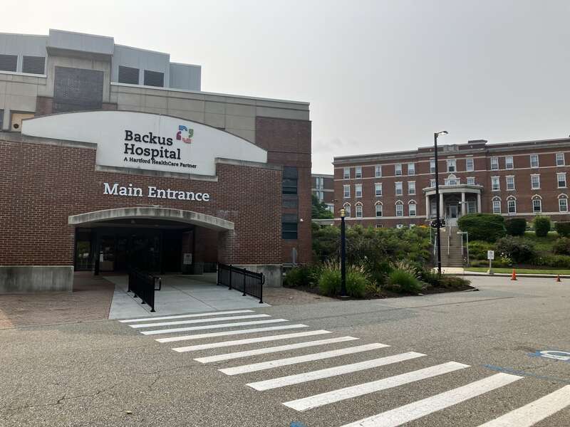 Main entrance to the William W. Backus Hospital in Norwich, CT, USA in 2024