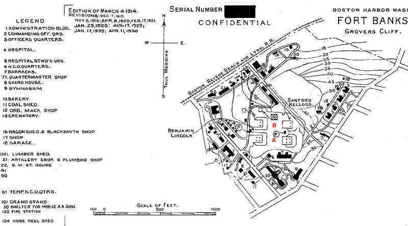 1938 map of Ft. Banks shows the four mortar pits of Batteries Lincoln(on the west) and Kellogg (on the east) at the center of the map. The two northerly "B" pits (see red labels) each (by 1938) contained two mortars, while the southerly "A" pits