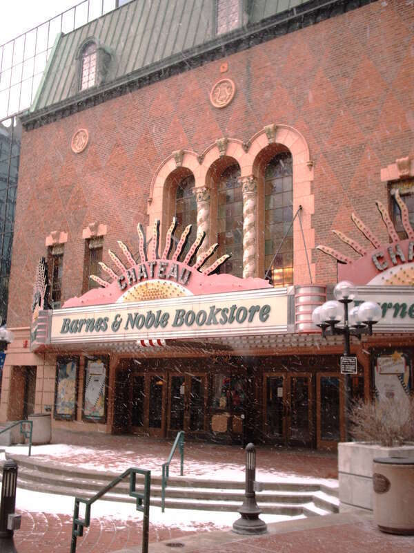 View from the southeast of the old Chateau Theatre, now a Barnes &amp; Noble bookstore, in Rochester, Minnesota, with snow falling