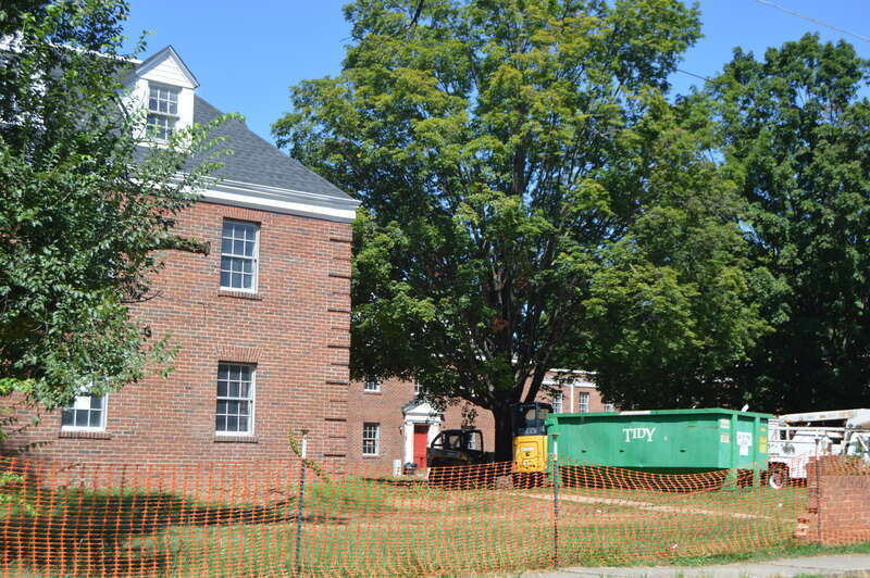 Courtyard (occupied by a street-construction crew) of the Blair Apartments, located at 231 Chestnut Street in Salem, Virginia, United States.  Built in 1949, it is listed on the National Register of Historic Places.