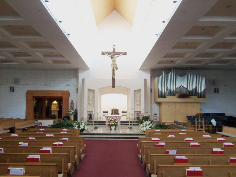 Th interior of Blessed Sacrament Catholic Church in Alexandria, Virginia.
