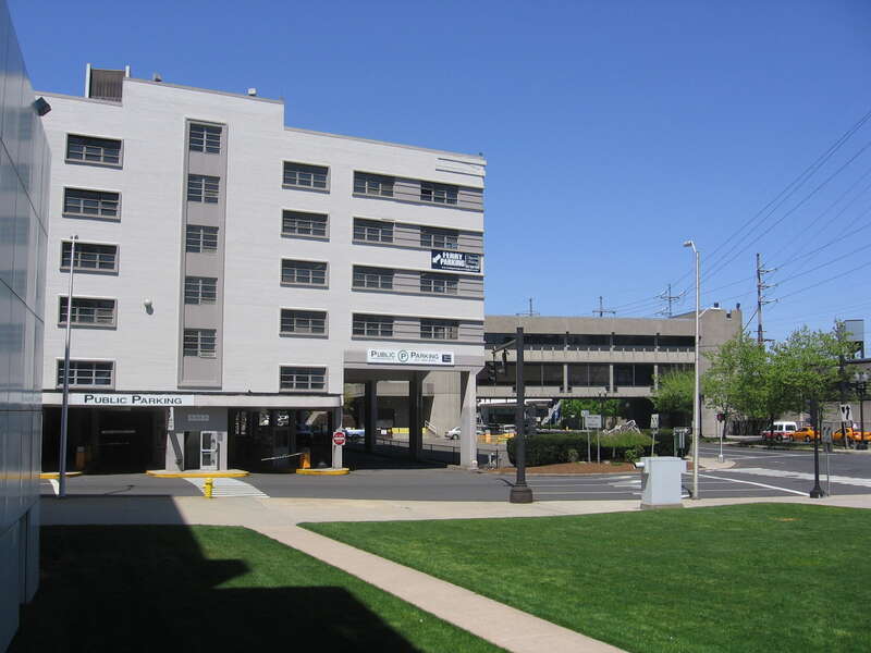 The Bridgeport (Metro-North station) and an adjacent 6 story parking garage along State Street at Water Street in downtown Bridgeport, Connecticut, USA.