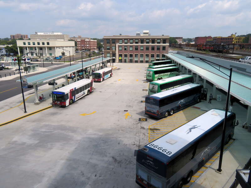 PVTA (left) and intercity (right) bus terminal at Springfield Union Station in August 2018