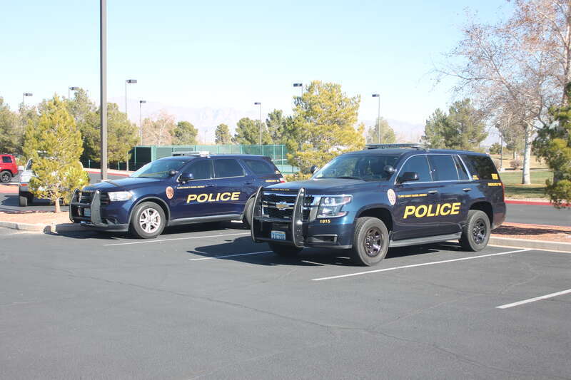 A Chevrolet Tahoe and a Dodge Durango of the Clark County School District Police Department at the 2020 Nevada Law Enforcement Appreciation Day event.
