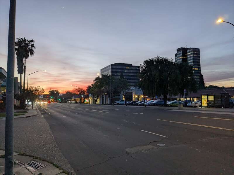 Campbell Avenue in Campbell, California, across the street from the Pruneyard shopping center. The view is to the west.