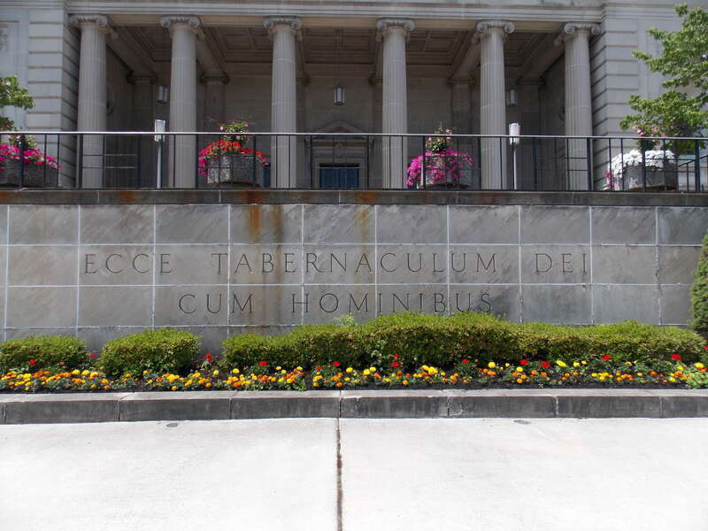An etching on the entry steps at the Cathedral of the Blessed Sacrament in Altoona, Pennsylvania.  The Latin phrase means: "Behold, the tabernacle of God is with human beings".