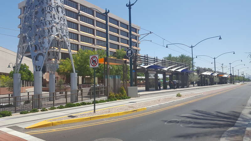 The Center/Main St Valley Metro Rail light rail station. Mesa City Hall is seen in the background. Mesa Arts Center is directly across Main Street and not seen in this view.