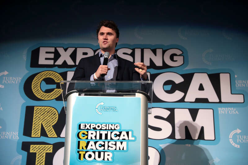 Charlie Kirk speaking with attendees at the Minnesota State University, Mankato tour stop of the 2021 Turning Point USA college tour at the Mayo Clinic Health System Event Center in Mankato, Minnesota.

Please attribute to Gage Skidmore if used