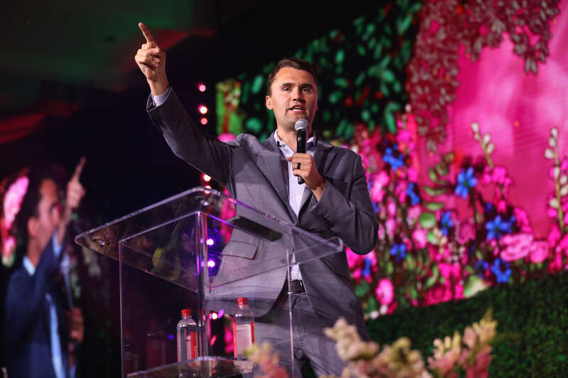 Charlie Kirk speaking with attendees at the 2024 Young Women's Leadership Summit at the San Antonio Marriott Rivercenter on the River Walk in San Antonio, Texas.