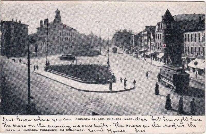 1906 undivided back postcard of a Boston &amp; Northern streetcar in Chelsea Square