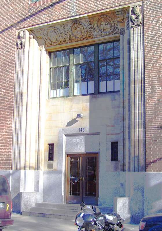 The entrance to Christadora House, at 1 Tompkins Square (also known as 145 Avenue B) on the corner of East 9th Street in the Alphabet City area of the East Village neighborhood of Manhattan, New York City, a settlement house built in 1928 and