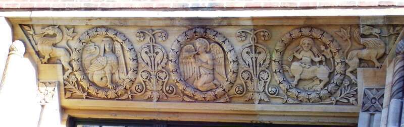 Detail of the entrance to Christadora House, at 1 Tompkins Square (also known as 145 Avenue B) on the corner of East 9th Street in the Alphabet City area of the East Village neighborhood of Manhattan, New York City, a settlement house built in 1928