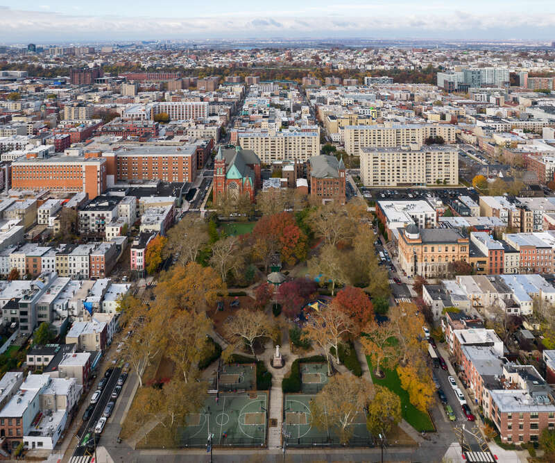 Church Square Park to the west, Hoboken, New Jersey.