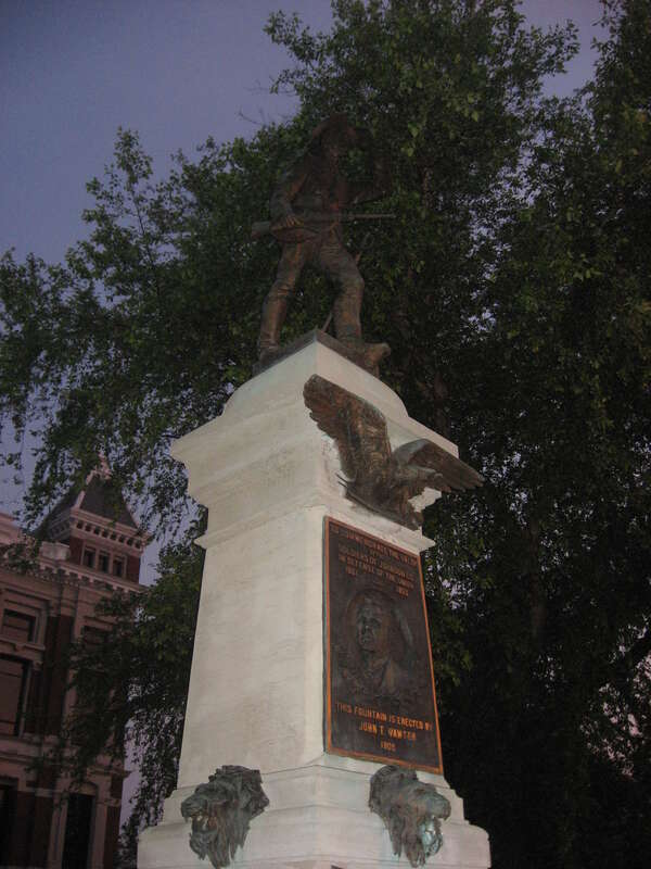 Civil War memorial on the northern part of the lawn of the Johnson County Courthouse, located on Courthouse Square in downtown Franklin, Indiana, United States.  Built in 1905, the memorial is part of two historic districts that are listed on the