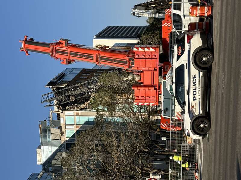 Broken crane at construction site of "400 Central skyscraper" in St. Petersburg, Florida, in the aftermath of Hurricane Milton.