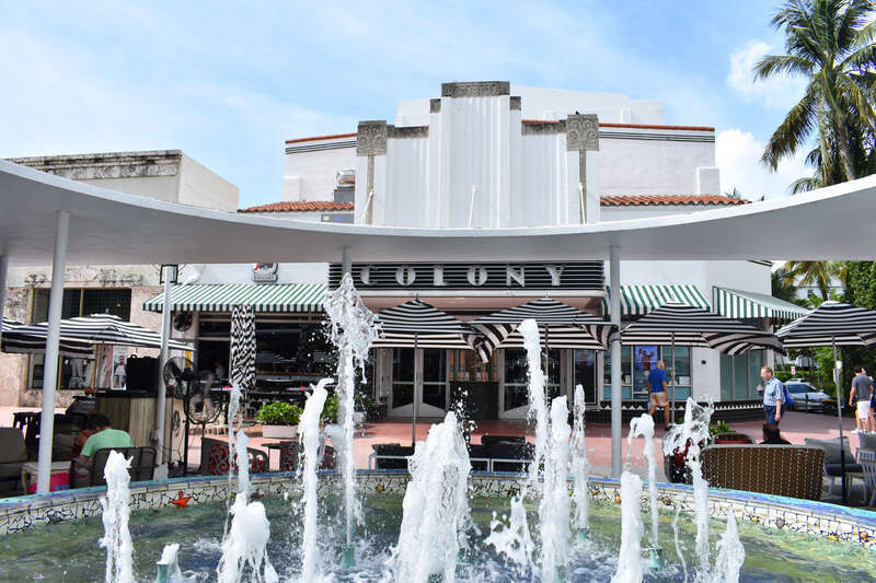 Colony Theatre and a water feature on Lincoln Road Mall in Miami Beach.