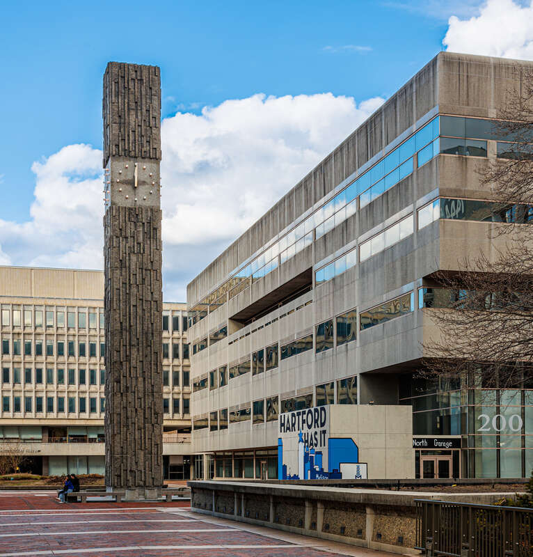 Masao Kinoshita's clock tower, and 200 Constitution Plaza. Hartford, Connecticut
