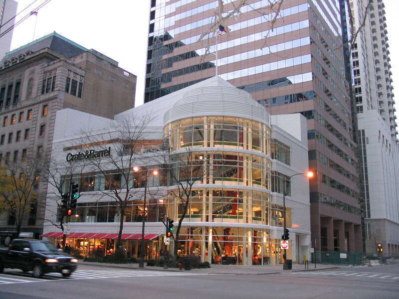 A Crate &amp; Barrel home-and-furniture store at 646 N. Michigan Ave., on the southwest corner of Michigan Avenue and Erie Street, Chicago