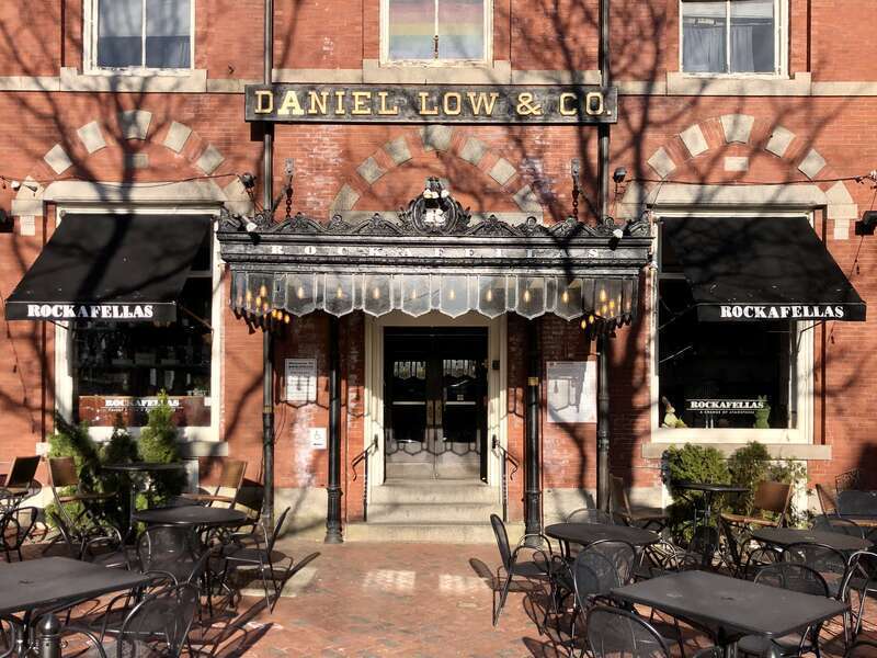 The facade of Daniel Low &amp; Co., now Rockafellas bar and grill in Salem, Massachusetts