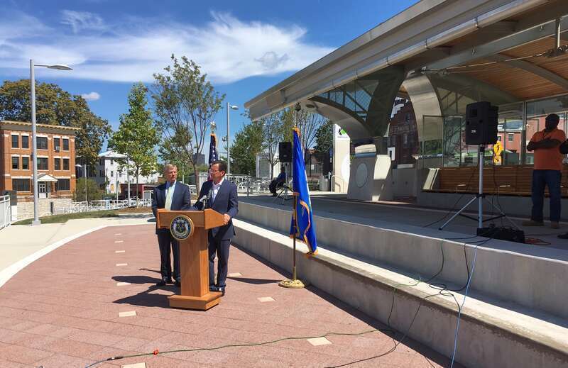 Connecticut Governor Dannel Malloy speaking at the Parkville CTfastrak station in August 2016 to announce the BRT line having reached 4 million rides since its March 28, 2015 launch