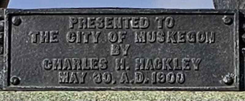 Plaque from the David Farragut statue in Hackley Park, Muskegon, Michigan