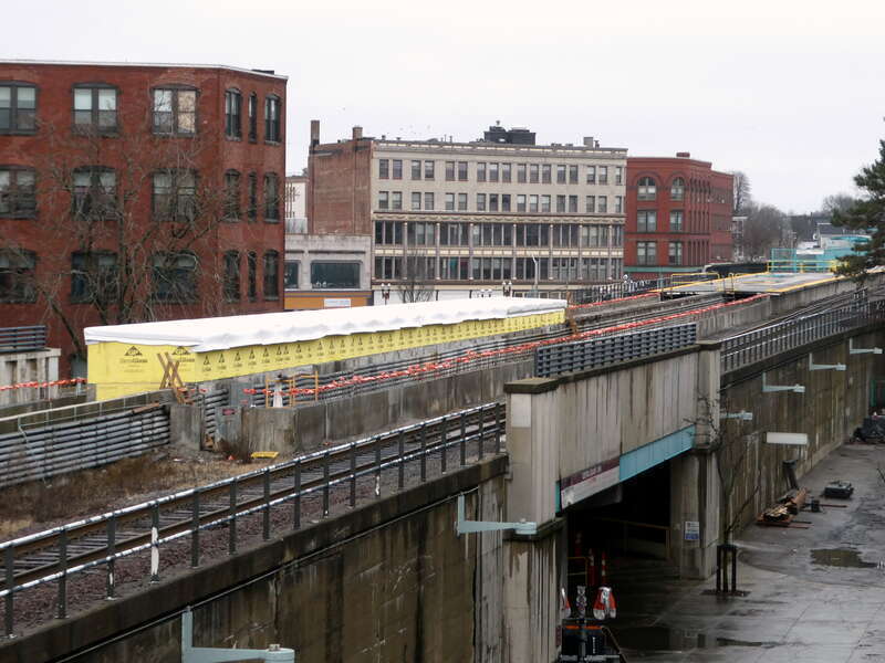 The partially-demolished platform of Lynn station in December 2023