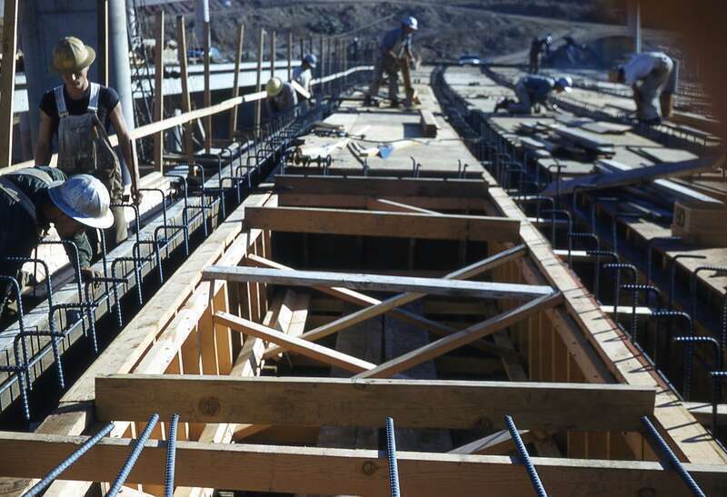 Photograph of East LA Interchange - LA River Bridge construction 1959. "Winkler - T-BEAM Forms L.A. River Br."