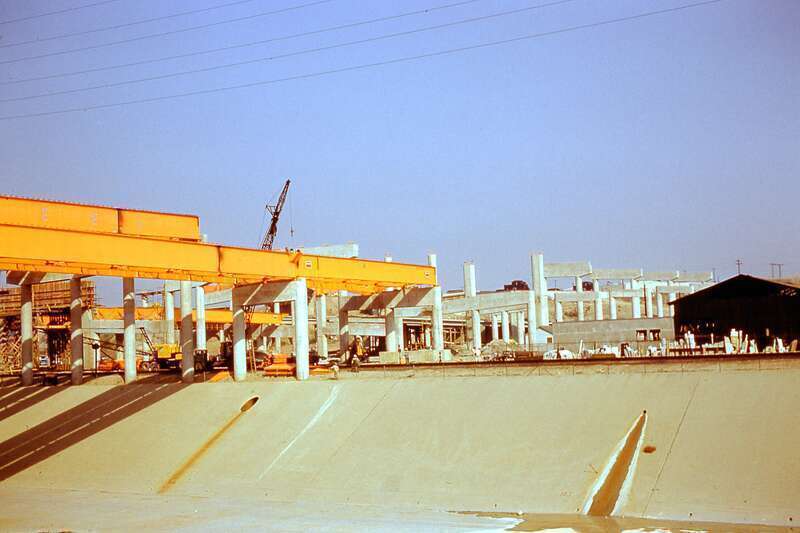 Photograph of East LA Interchange - LA River Bridge construction 1959. View across L.A. River "1-29-59 Winkler"