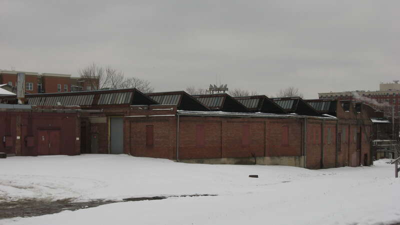 Front and western side of the Showers Complex Warehouse, located at 335 W. Eleventh Street in Bloomington, Indiana, United States.  Built in 1909, it is a part of the Bloomington West Side Historic District, a historic district that is listed on the