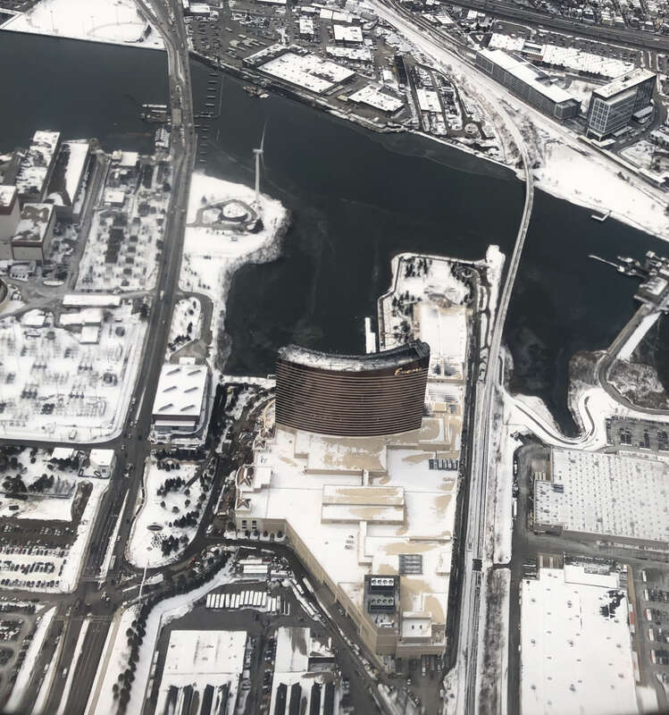 Encore Boston Harbor hotel from the air, JetBlue 1833