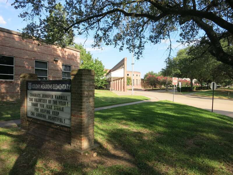 Photo shows Colony Meadows Elementary School at 4510 Sweetwater Blvd., Sugar Land, TX 77479. The school belongs to the Fort Bend Independent School District. View is toward the southeast.