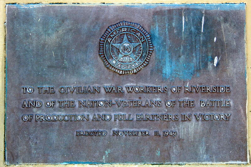 American Legion dedication plaque for the Water Buffalo tank, erected in 1949 on the shore of Lake Evans, Fairmount Park, Riverside, to commemorate Riverside's role in manufacture of the World War II amphibious Landing Vehicle Tracked Model 4 (LVT4)