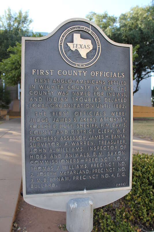 First Anglo-Americans settled in Wichita County in 1856. The county was named for Indians, and Indian troubles delayed local organization until 1882. The first officials were: Judge, James S. Akers; Attorney, Robert E. Huff; Sheriff, F.M. Davis;
